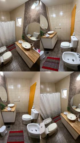four pictures of a bathroom with toilets and a sink at Complejo Aires del Cielo in San José