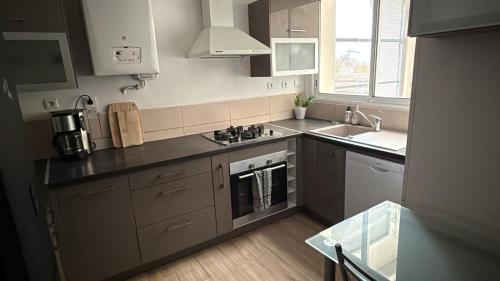 une cuisine avec un évier et une cuisinière four supérieur dans l'établissement puce appartement, à Sète