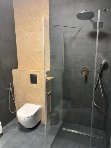 een badkamer met toilet en glazen douche bij Rusiński Raj - Domki in Bukowina Tatrzańska