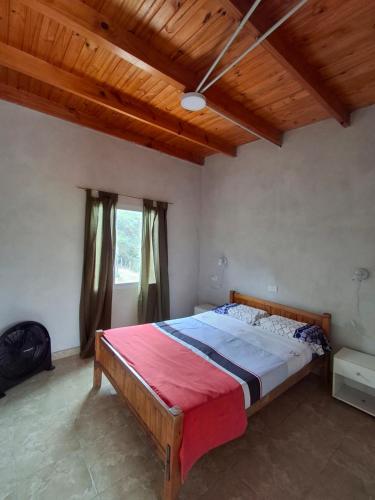 a bedroom with a large bed with a wooden ceiling at Casa de campo Pajarito in San Fernando del Valle de Catamarca