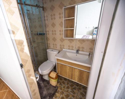 a bathroom with a toilet and a sink and a mirror at Gravity Hotel & lofts in Ogbojo