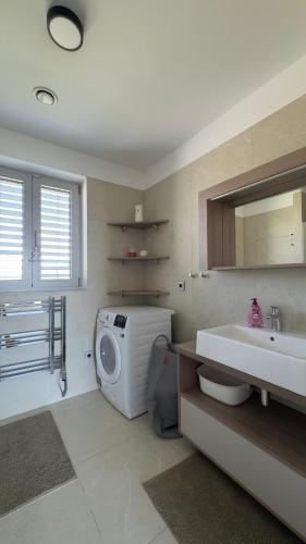 a bathroom with a sink and a washing machine at Mušlovské Vinohrady in Mikulov
