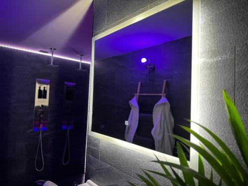 a mirror in a bathroom with a robe in it at L' Instant Se Crée in Oignies