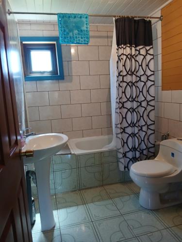 un bagno con lavandino, WC e doccia di Cabaña de campo, Puacura - Castro a Putemún