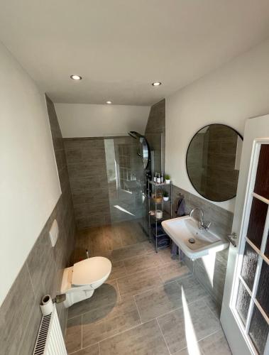 een badkamer met een toilet, een wastafel en een douche bij Geräumige Wohnfühloase mit 3 Schlafzimmern in Garbsen