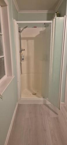 a bathroom with a shower with a glass door at Hidden gem cheap and affordable in Te Kopuru