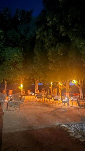 een groep tafels en stoelen in een park 's nachts bij ArabTribe in Margham