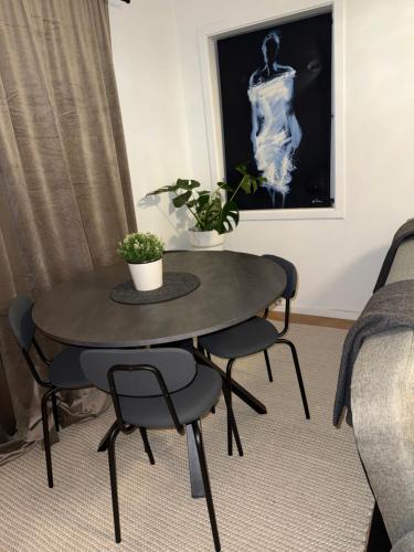 a dining room table with two plants and two chairs at Modern Oslo Studio Near Aker Brygge in Oslo