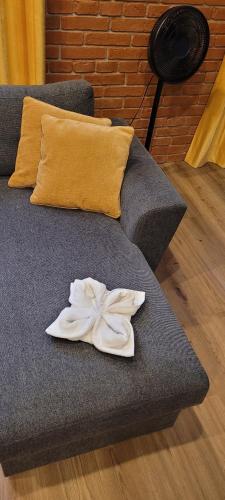 ein graues Sofa mit einer weißen Blume darauf in der Unterkunft Gold Apartament in Olsztyn