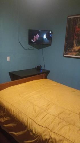 a bedroom with a bed with a tv on the wall at Depa 2 recamaras Coyoacán in Mexico City