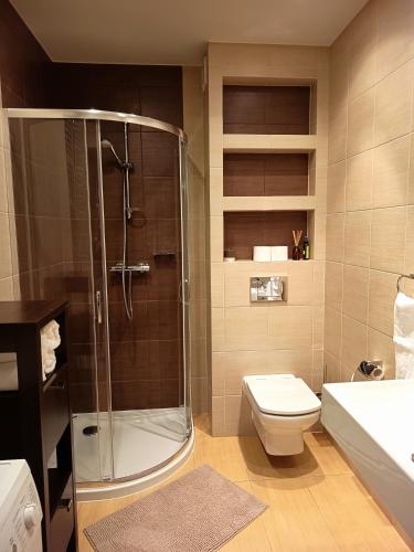 a bathroom with a shower and a toilet and a sink at Apartament WENGE w centrum Ustronia in Ustroń