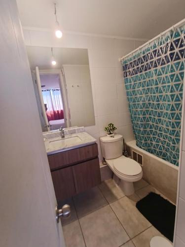 een badkamer met een toilet, een wastafel en een spiegel bij Edificio Concepto in Calama