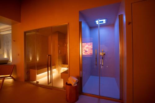 een badkamer met een douche met een glazen deur bij Hotel Regina Margherita in Cagliari