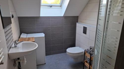 a bathroom with a toilet and a sink at Dom uKromki z kominkiem i widokiem na Śnieżkę in Sosnówka