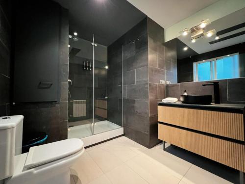 een badkamer met een toilet, een wastafel en een douche bij Suiite de lujo en Sol M in Madrid