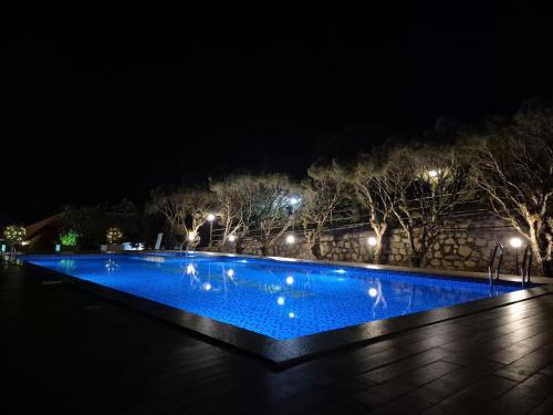 - une piscine éclairée la nuit dans l'établissement Holiday Heaven Munnar, à Chinnakanal