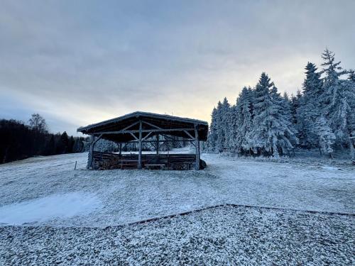 een houten schuilplaats in een veld met met sneeuw bedekte bomen bij Hytta Eliaszówka in Piwniczna