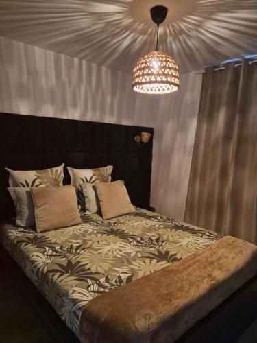 ein Schlafzimmer mit einem Bett und einem Kronleuchter in der Unterkunft Cosy Loft - Appartement de charme in Marsannay-la-Côte