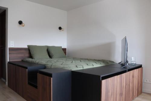 ein Zimmer mit einer Couch und einem Fernseher darauf. in der Unterkunft Appartement Le nid sur l'Ain in Champagnole