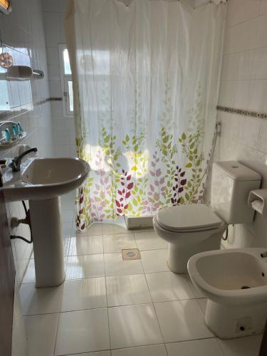 a bathroom with a sink and a toilet and a shower curtain at Hotel Summersands Al Wadi Al kabir in Muscat