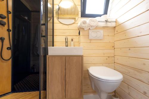 a small bathroom with a toilet and a sink at Woodydrem in Hruštín