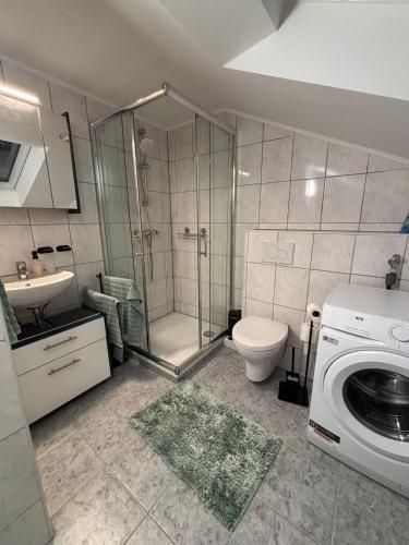 a bathroom with a shower toilet and a washing machine at Forest Home E&L in Waldshut-Tiengen