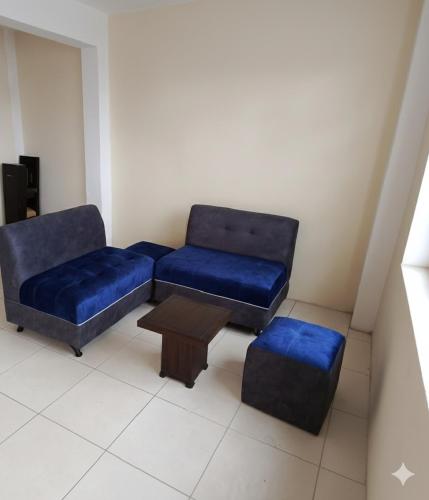 een woonkamer met twee blauwe banken en een salontafel bij El delfín in Santa Elena