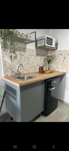 een aanrecht met een spoelbak en een magnetron bij Bujanvilla in Tarifa