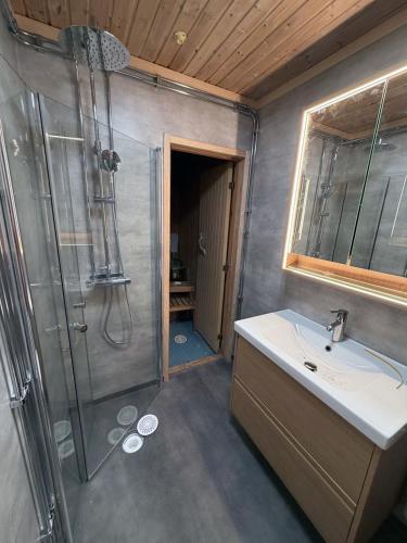 a bathroom with a shower and a sink at Stugan i Åsvallen in Tänndalen