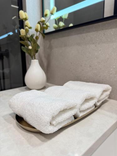 a white towel on a tray on a bathroom counter at RentNow Apartments Luxury Apartment with Balcony and Parking in Chişinău