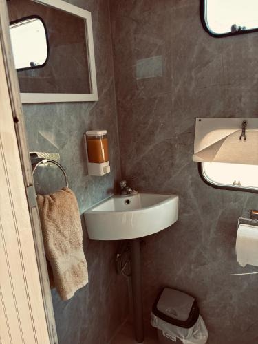 une salle de bains avec un lavabo et un miroir dans l'établissement Cabaña casa rodante, à Tongoy