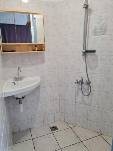 ein Badezimmer mit Waschbecken und Dusche in der Unterkunft mahinas lodge in Mahina