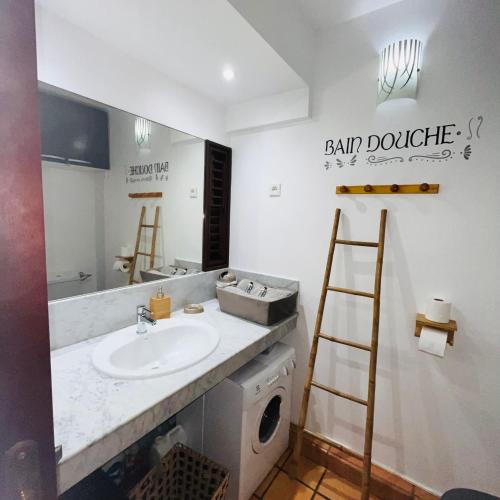 a bathroom with a sink and a mirror at Studio La "KAZ À COCO" Tartane in La Trinité