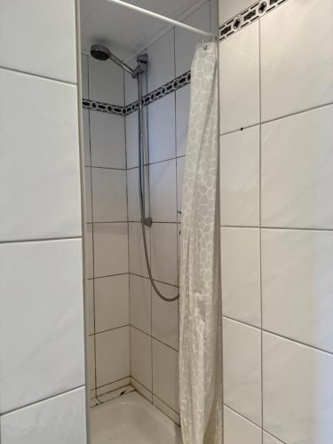 a shower with a shower curtain in a bathroom at your accomodation in Aachen in Aachen