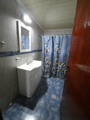 un bagno con lavandino e tenda da doccia di Casa cómoda y familiar a Necochea