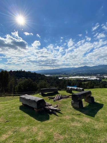 a field with three stone benches in a grassy field at Finca La Condalia in Nemocón