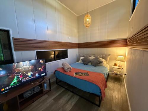 a bedroom with a bed and a flat screen tv at Casa Panal , Jacuzzi opcional Villa Alemana in Villa Alemana