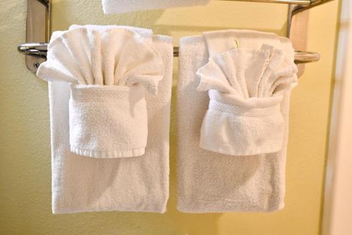 two towels hanging on a towel rack in a bathroom at Beachfront Condo with Stunning View Multiple Pools on BV 7th Floor in Myrtle Beach