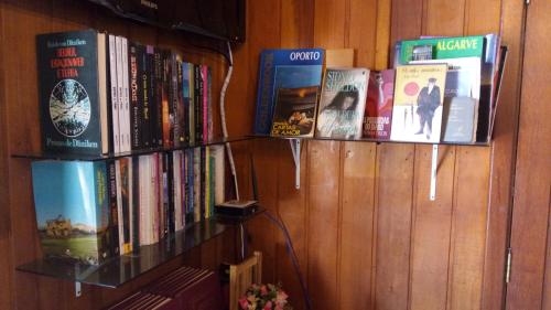 una estantería llena de libros y películas en Magia do Mar Hostel, en Florianópolis
