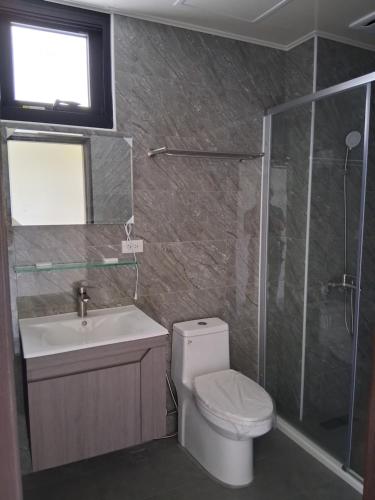 een badkamer met een douche, een toilet en een wastafel bij 星輝漫旅 in Magong