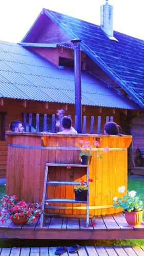 a wooden deck with a bird house with flowers and plants at Aerodream Trakai in Antakalnis