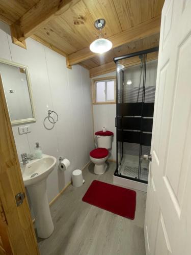 a bathroom with a toilet and a glass shower at Cabañas Aurora Castro Quilquico Chiloé in Yutuy