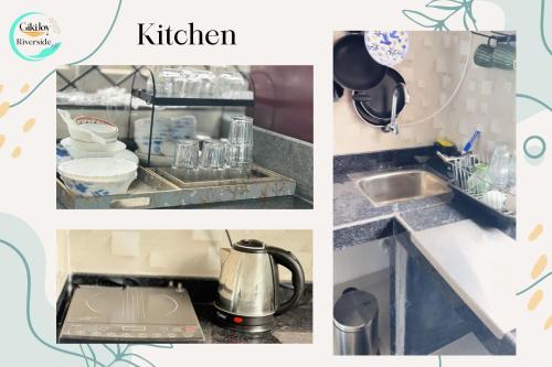 a collage of pictures of a kitchen with a sink at Riverfront Grand By GikiJoy in Siolim
