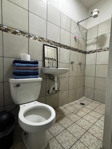 een badkamer met toilet en wastafel bij Adonai in Rincon de Guayabitos