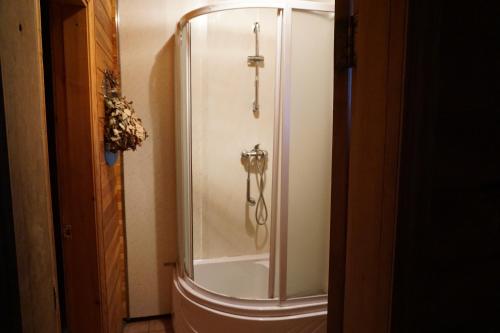 a shower with a glass door in a bathroom at Pirts Rudzupuķes in Svente