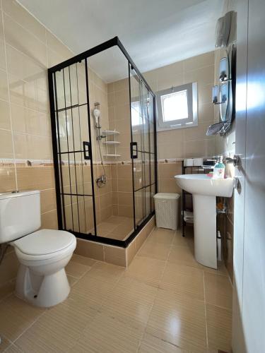 a bathroom with a shower and a toilet and a sink at Villa with private pool in Alaçatı in Ilıca