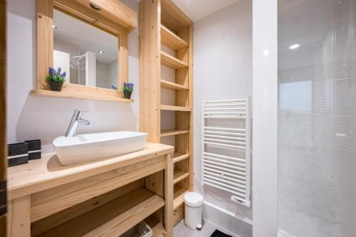 une salle de bain avec lavabo et douche dans l'établissement Appartement Valmorel, à Valmorel