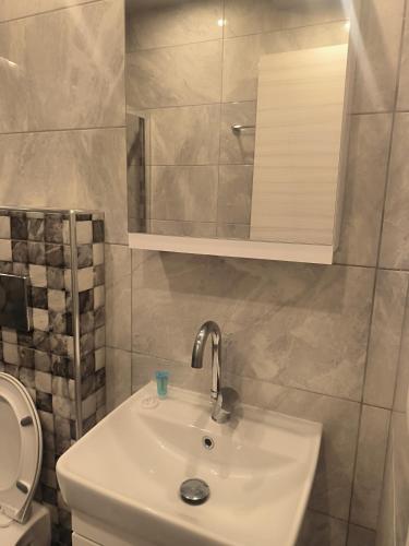 a bathroom with a sink and a toilet at BmB apartments in Paralia Katerinis