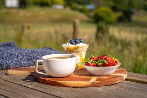 a cup of coffee and a bowl of strawberries and blueberries at Perrys North by Tiny Away in Forth