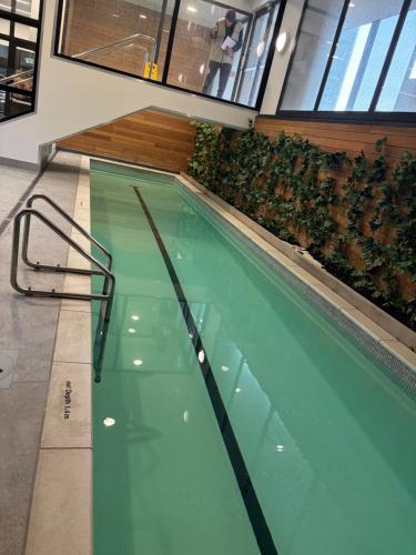 a swimming pool with green plants in a building at Central City Prime-next to SKY in Auckland